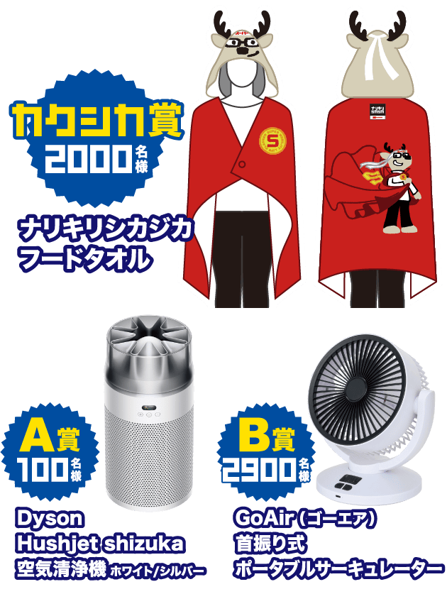 「カクシカ賞 2000名様」ナリキリシカジカフードタオル、「A賞 100名様」Dyson Hushjet shizuka 空気清浄機 ホワイト/シルバー、「B賞 2900名様」GoAir（ゴーエア）首振り式ポータブルサーキュレーター